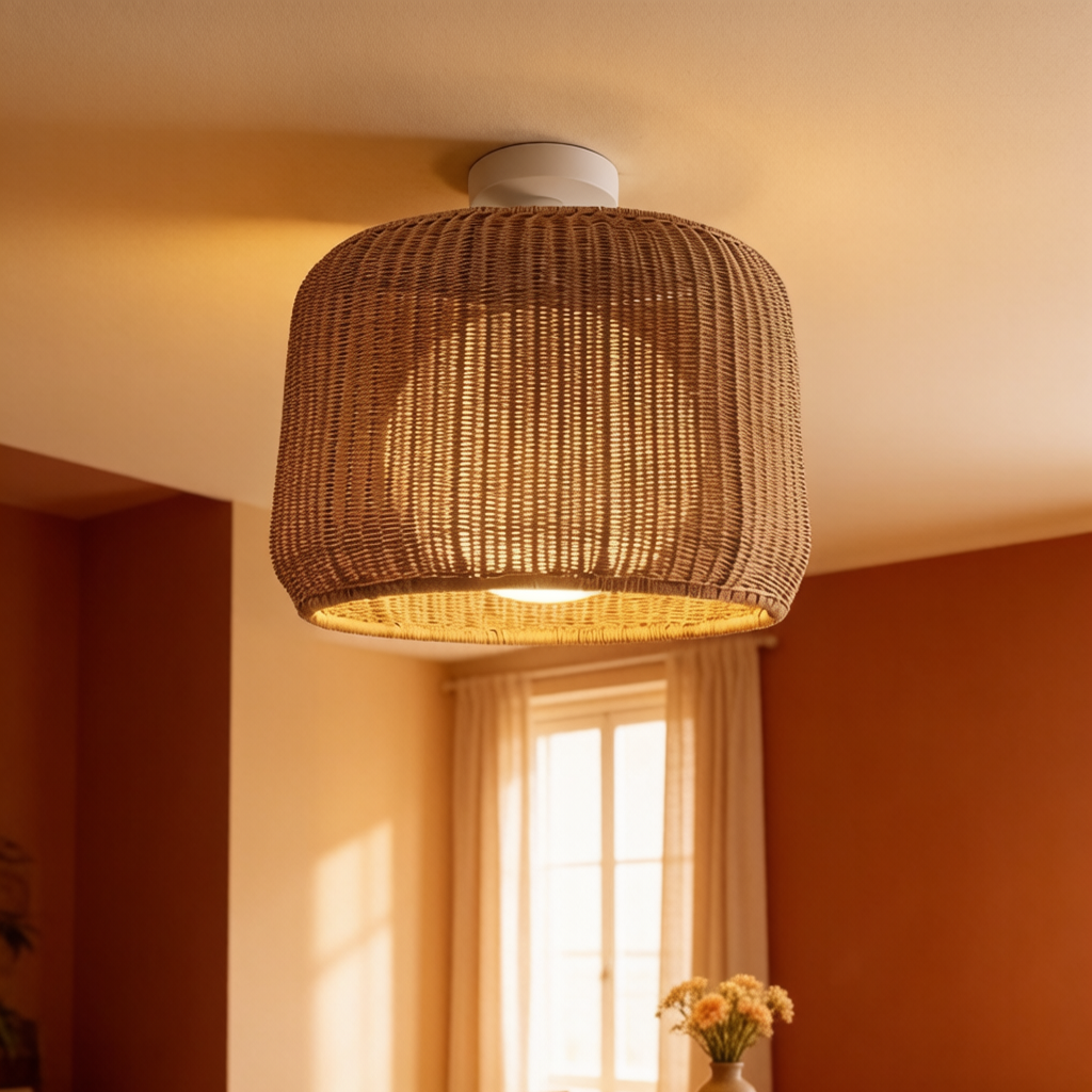Handwoven Rattan Flush Mount Ceiling Light